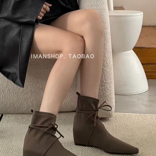 wins shoes2p025法式秋冬新沙丁缎面系带芭蕾风内增高短靴子女