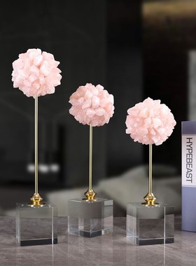 现代简约天然粉色水晶花球水晶底座摆件家M居卧室客厅软装装饰品