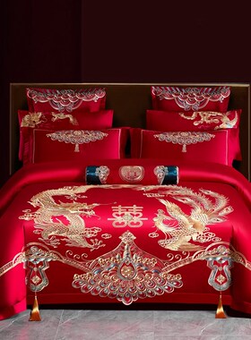 120支长绒棉i婚庆四件套全棉刺绣大红色婚房龙凤结婚床上用品4