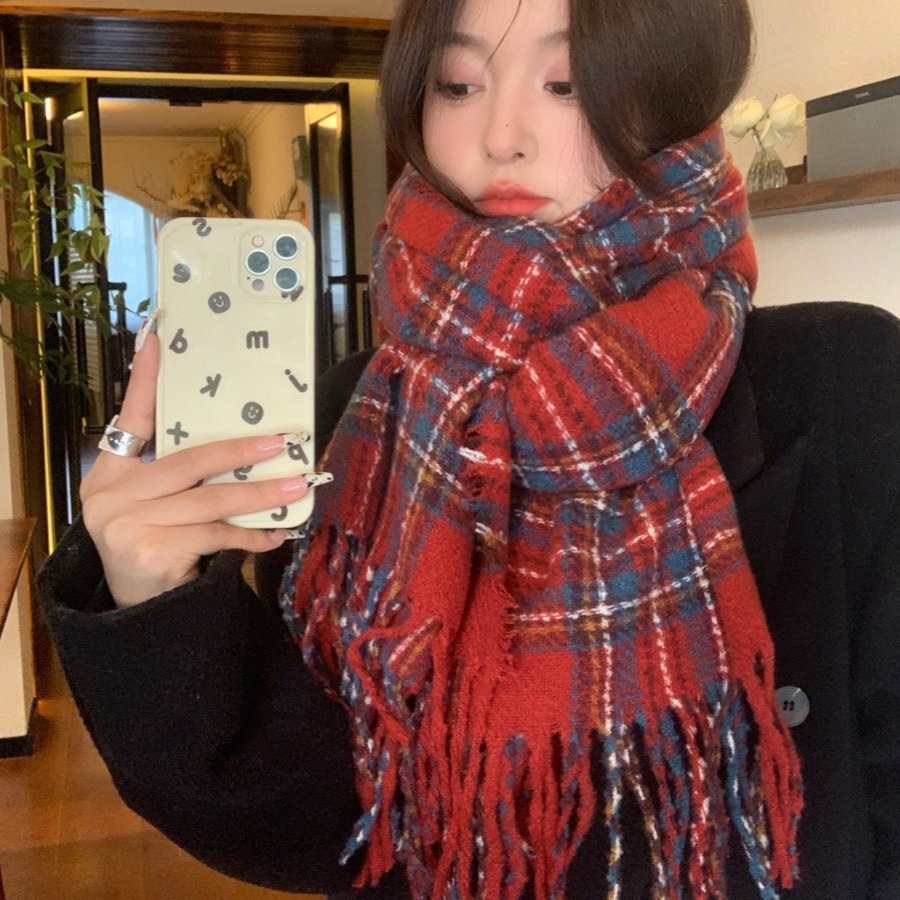 ZT新年圣诞礼物红色格子围巾女秋冬季保暖氛围感百搭学生情侣围脖