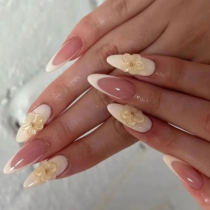 24Pcs Peach Bklossom Fake Nails Press on Almond False Nails