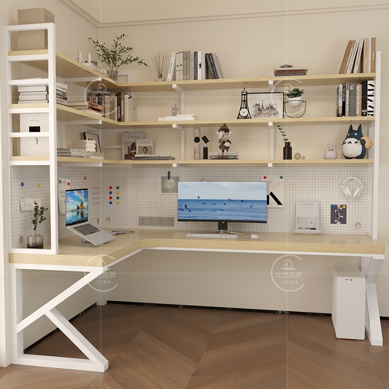 实木转角书桌书架组合L型电脑桌双人学习桌书柜一体靠墙书房整墙