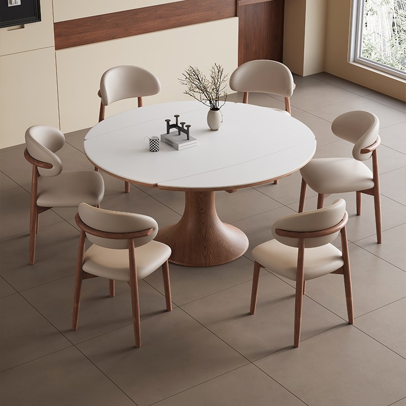 蓝色理想中古风实木岩板餐桌方圆两用可伸缩家用小户型圆形饭桌