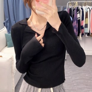 欧货上衣ins 法式 Polo领长袖 针织衫 女早秋冬设计F感纯欲毛衣打底衫