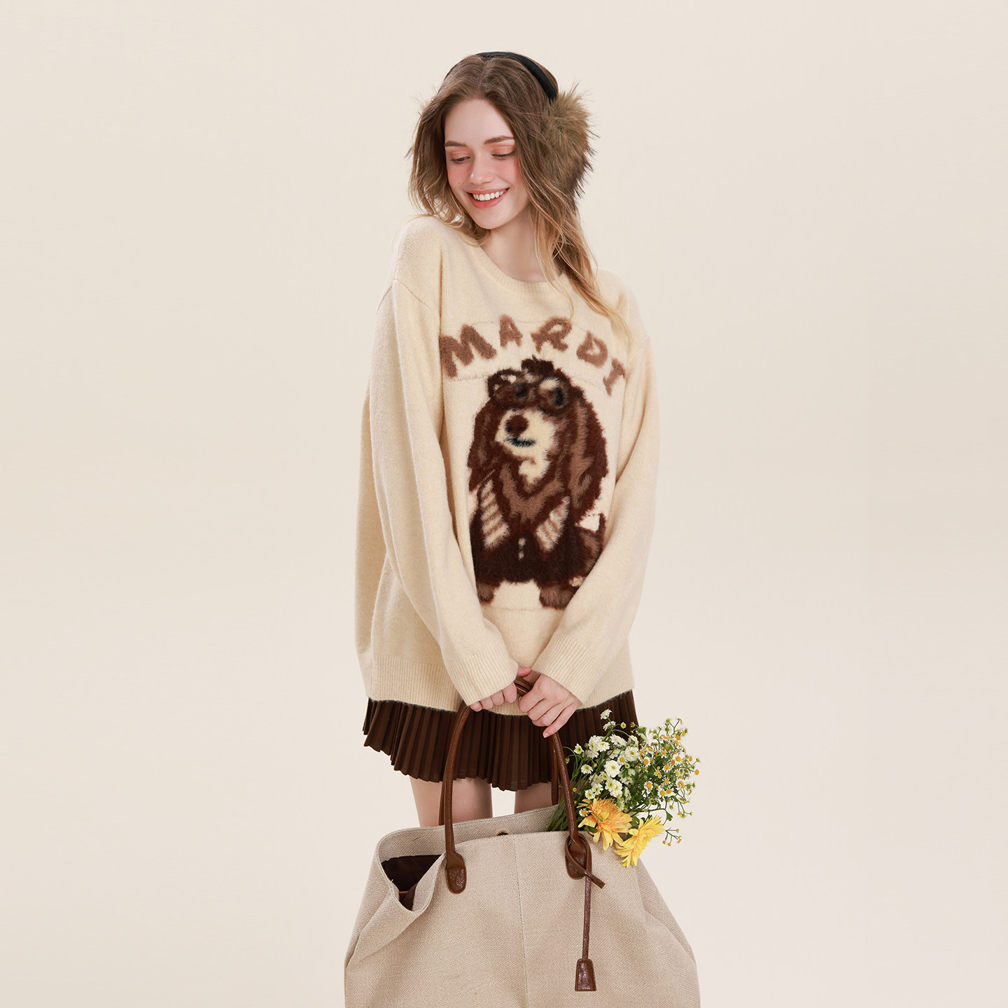 Mardi韩系2025秋冬新款设计感卡通小狗毛衣圆领套头打底休闲上衣