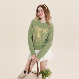 Mardi休闲复古针织衫上衣25冬新款纯色提花雏菊套头保暖圆领毛衣