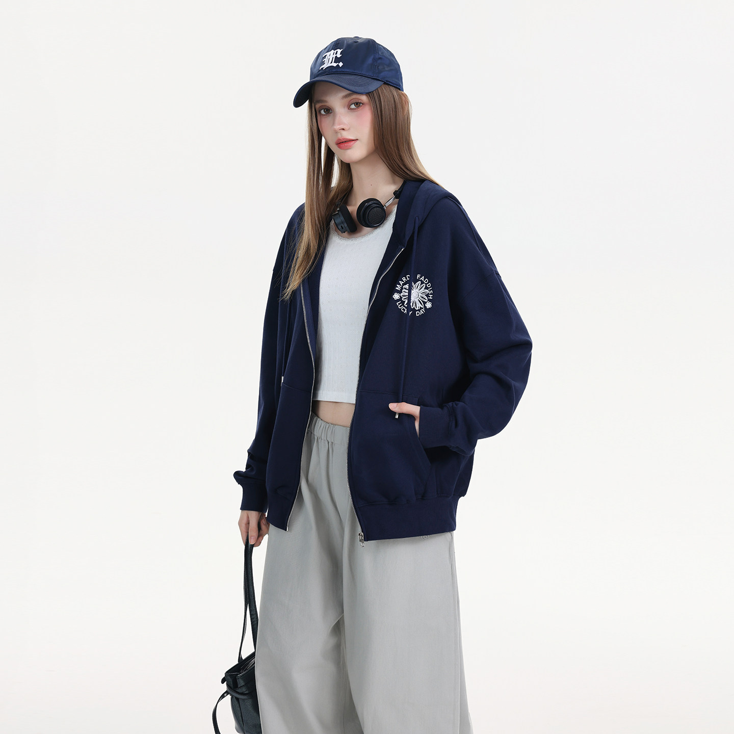 Mardi韩系慵懒风简约连帽开衫25春秋季男女同款刺绣卫衣拉链外套