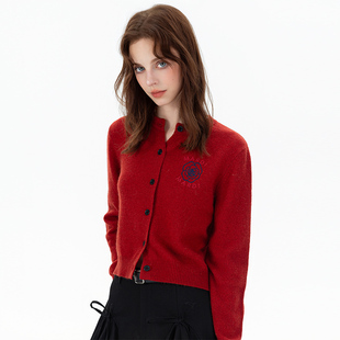 Mardi玫瑰刺绣羊毛开衫上衣25春秋新款修身显瘦纽扣针织衫女外套