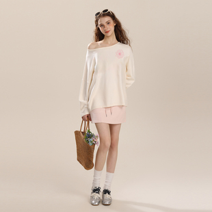 Mardi慵懒风针织衫25秋冬新款韩女穿搭宽松简约斜肩雏菊刺绣毛衣