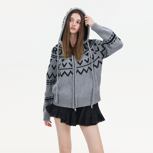 Mardi韩系提花连帽针织开衫25秋冬季新款设计感慵懒休闲毛衣外套