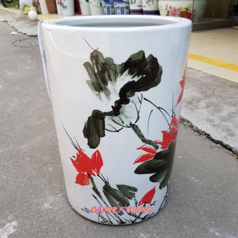 景德镇陶瓷手绘荷花大花瓶大号字画筒书画卷轴缸宣纸桶雨伞收纳筒