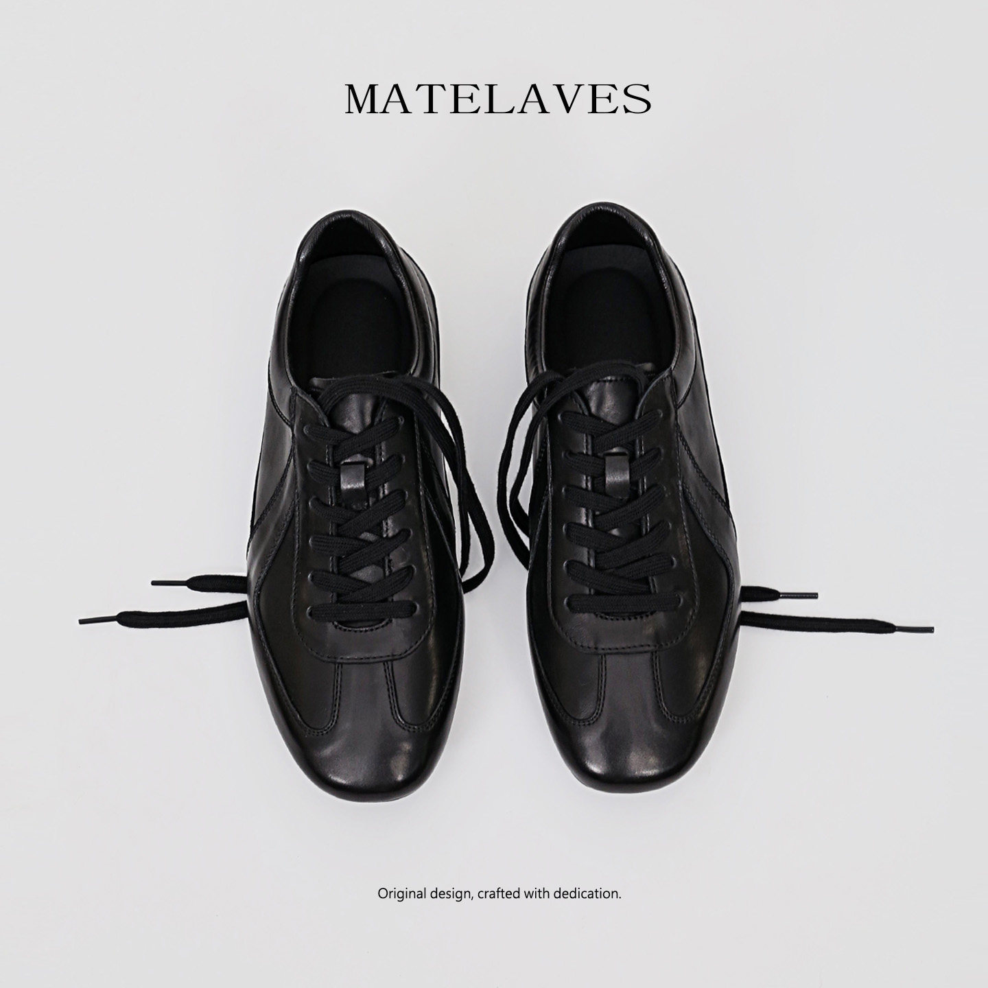 MATELAVES 老钱风小方头黑色德训鞋子男水洗牛皮复古风休闲训练鞋