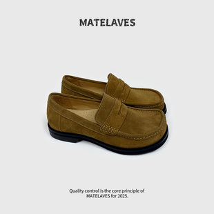 老钱风乐福鞋男高级感方头复古反绒真皮一脚蹬黑色歪头休闲皮鞋夏