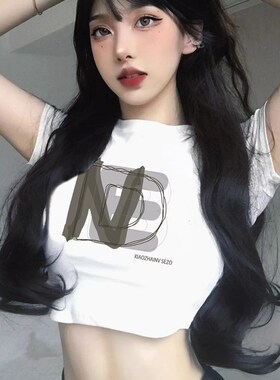 美式甜辣风正肩短袖T恤女夏季A设计感印花修身显瘦短款露脐上衣潮