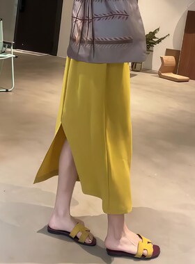 黄色垂感开叉设计a字裙女2025年夏季新款时尚R百搭休闲简约半身裙
