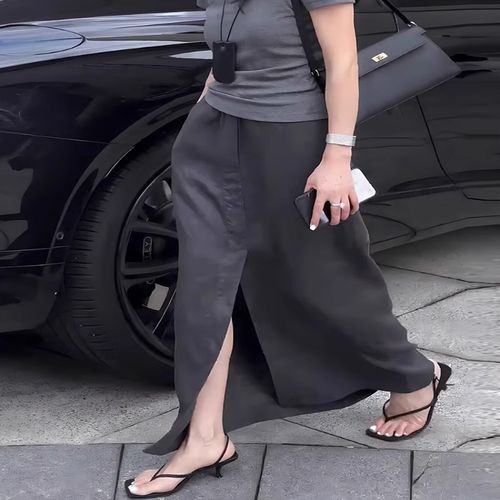 灰色前开叉设计感亚麻半身裙女2025夏季新款显Q瘦遮肉气质百搭长