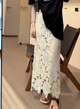 法式高级感白色蕾丝镂空薄款半身裙女20I25春夏新款轻奢高级开叉
