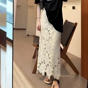 轻奢高级开叉 半身裙女20I25春夏新款 法式 高级感白色蕾丝镂空薄款