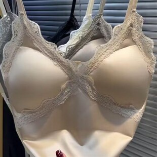 2025b春夏新款 设计感蕾丝花边无痕美背女带胸垫V领纯欲风吊带背心