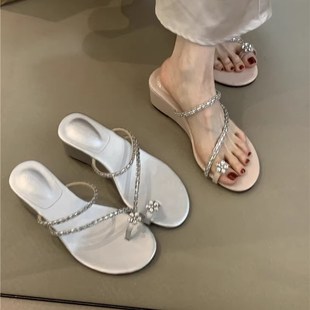 法式 女夏外穿2z025年温柔仙女风配裙子海边凉拖 坡跟水钻套趾凉鞋