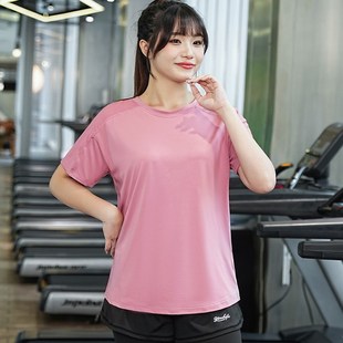 200 夏季 加大码 胖mm宽松瑜伽服运动T恤x女跑步健身速干衣上衣短袖