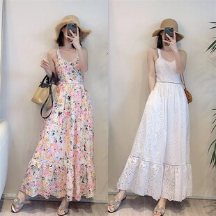 斯斯 M炒重工度假计划复古E背带垂感高腰刺绣A字大摆连衣裙 0505