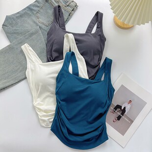 法式 带胸垫一体吊带小背心女夏内搭外穿褶皱宽肩S带遮副乳甜辣上