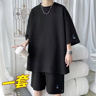 短裤 套装 男大码 夏季 男士 提花短袖 宽松夏装 休闲V运动穿搭一套 薄款