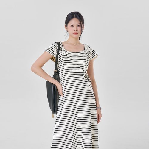 孕妇连衣裙夏款2025新款短袖裙子夏装方K领条纹T恤裙显瘦气质长裙