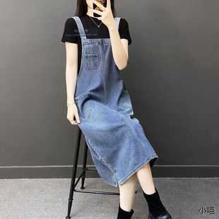 胖妹妹m宽e松吊带牛仔连衣裙2024加大码 减龄百搭背带长裙春a字潮