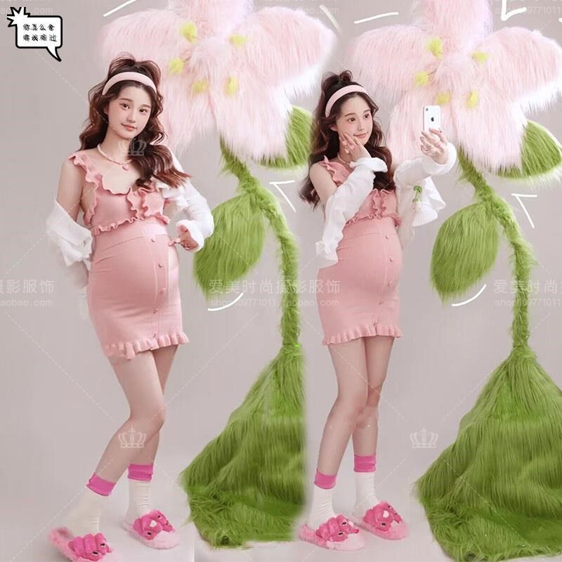 孕妇拍照服装新款复古气质时尚白色连衣裙孕妈咪大肚照写真摄影服
