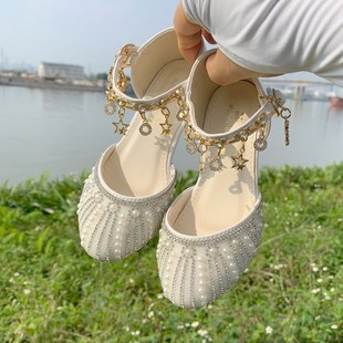水钻带跟配礼服 亮晶晶公主鞋 白色皮鞋 女童银色钢琴儿童网红高跟鞋