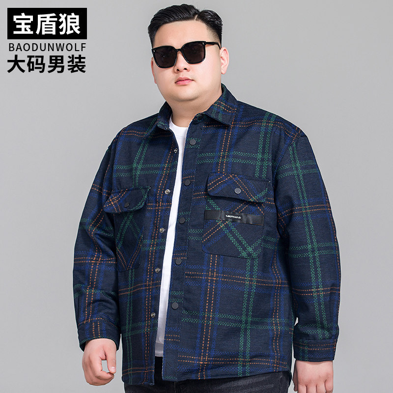 春秋加大码男装格子休闲夹克加肥宽松翻领衬衫式外套胖子男士上衣