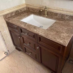 美式复古橡木浴室柜组合天然大理石洗手池L卫浴柜落地式洗漱台盆
