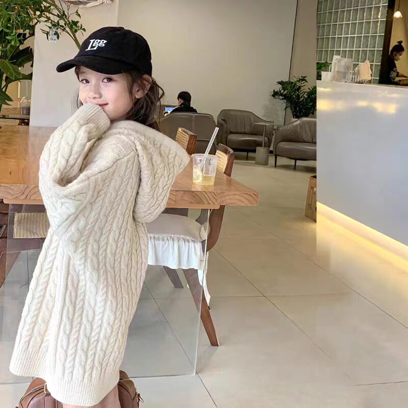 女童中长版毛衣外穿秋冬儿童连帽套头针织衫韩版女孩麻花宽松上衣