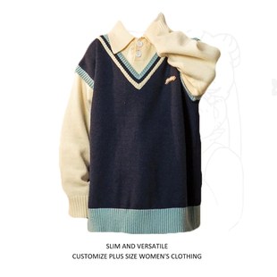 胖MM大码慵懒风V领针织马甲背心女秋冬叠穿无袖毛衣毛线坎肩马夹