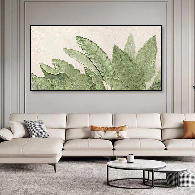 家大业大芭蕉叶手绘油画客厅装饰A画绿色厚肌理画卧室横版高档挂