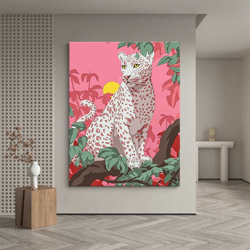 波普风粉色招财豹客厅装饰画绿色植物手绘油画玄关挂画无边框壁画
