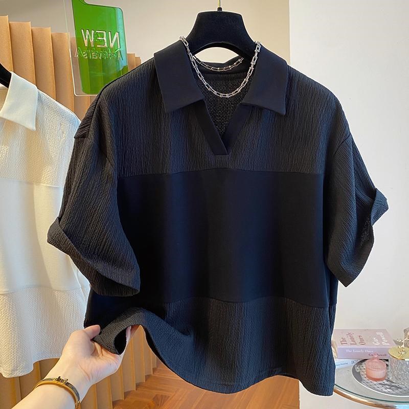 大码300斤欧货设计感小众皱褶撞色拼接V领短袖t恤男女慵懒风上衣