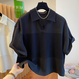 大码300斤欧货设计感小众皱褶撞色拼接V领短袖t恤男女慵懒风上衣