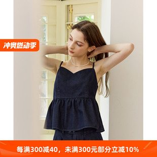 柔软薄款牛仔荷叶边吊带女夏款设计感减龄无袖短款小个子上衣套装