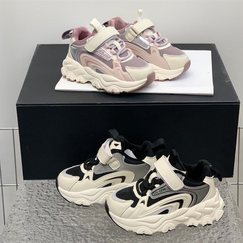 秋冬加绒男童女童运动鞋轻盈粉色老爹鞋保暖加厚魔术贴黑色童鞋