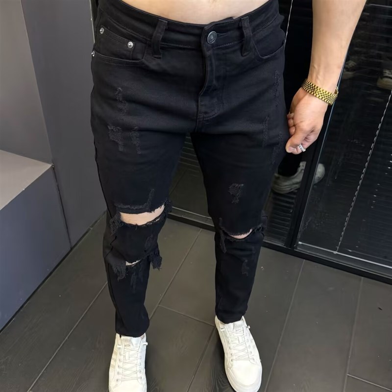 设计款破洞牛仔裤男修身小脚2025夏季新款韩版刮烂弹力休闲长裤子