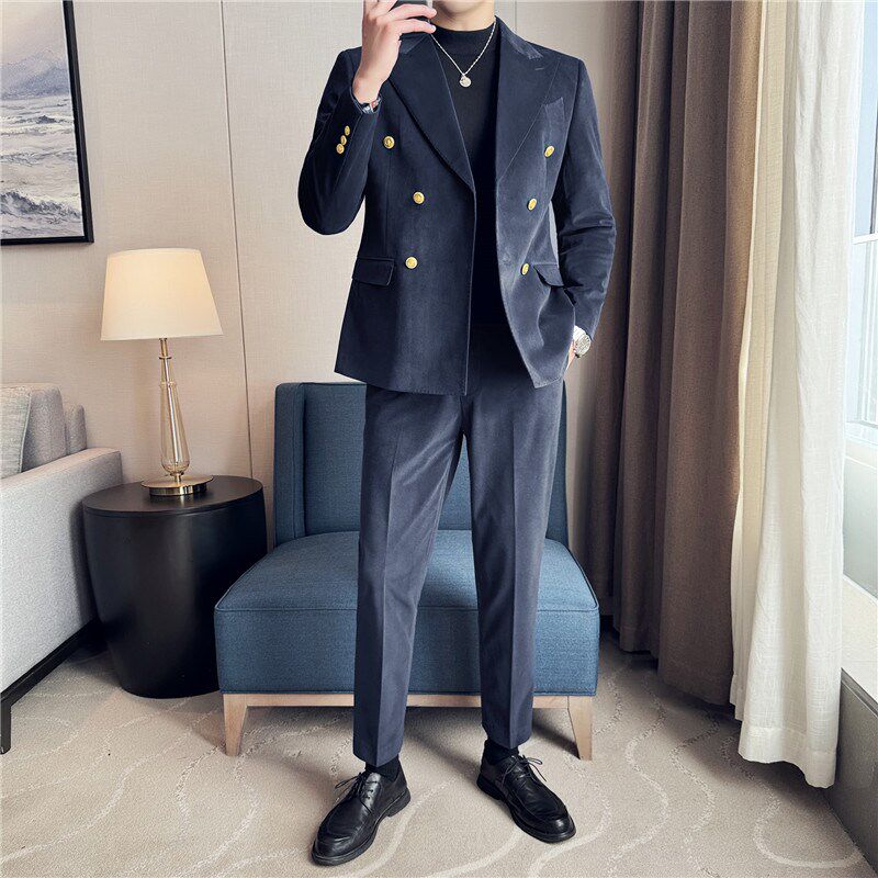 高级感秋冬加厚毛呢西装男套装结婚2025新款休闲商务男士西服礼服