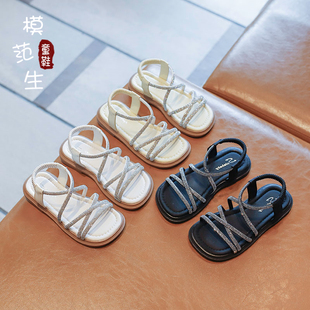 女童凉鞋女孩洋气水钻公主鞋女宝宝2023夏季新款儿童软底沙滩鞋子