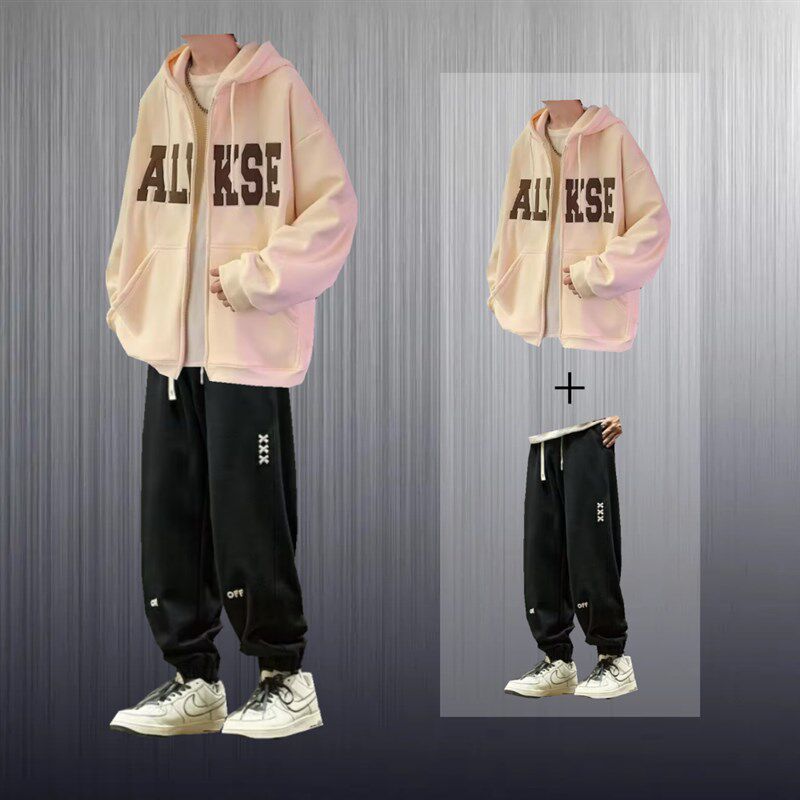 秋冬季运动套装男生连帽夹克卫衣学生一套帅气搭配两件套潮流外套