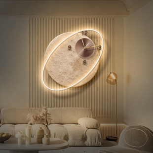 侘寂风创意客厅装 饰画挂钟月球沙发背景墙壁画氛围感餐厅壁灯时钟