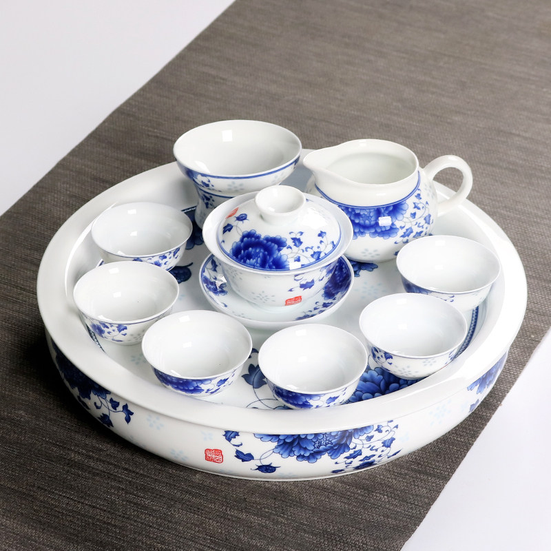 青花瓷功夫茶具套装家用陶瓷简易圆形双层储水茶盘茶台 茶海 茶船