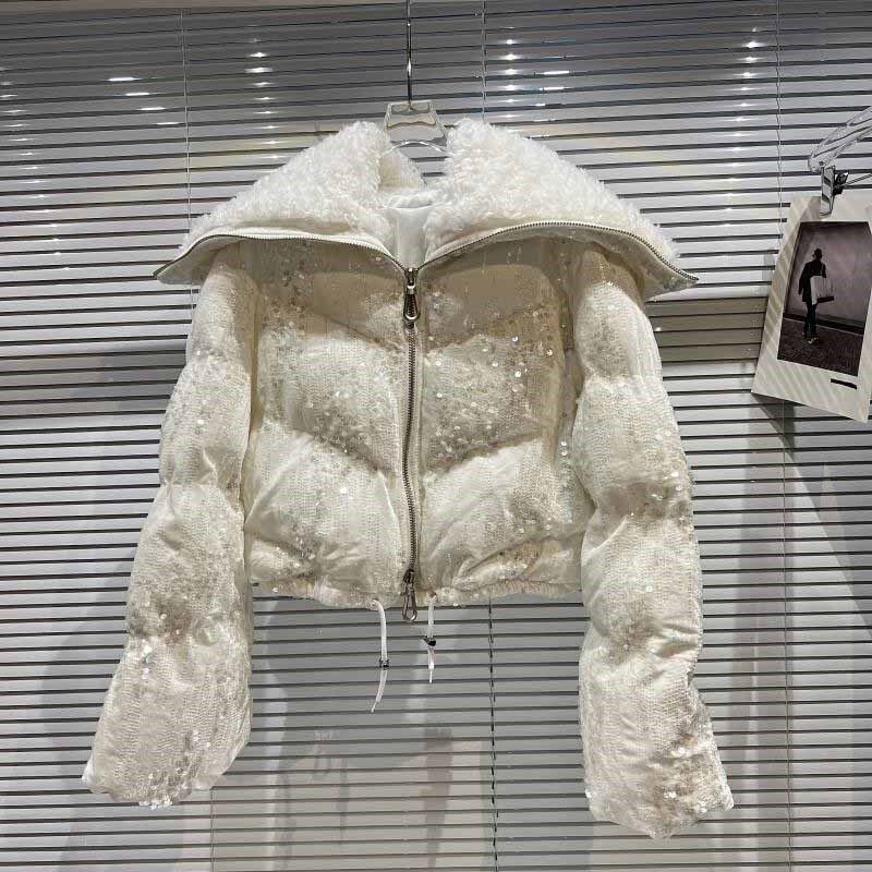 韩版时尚个性短款大翻领气质棉服女2023冬季亮片加厚面包服外套
