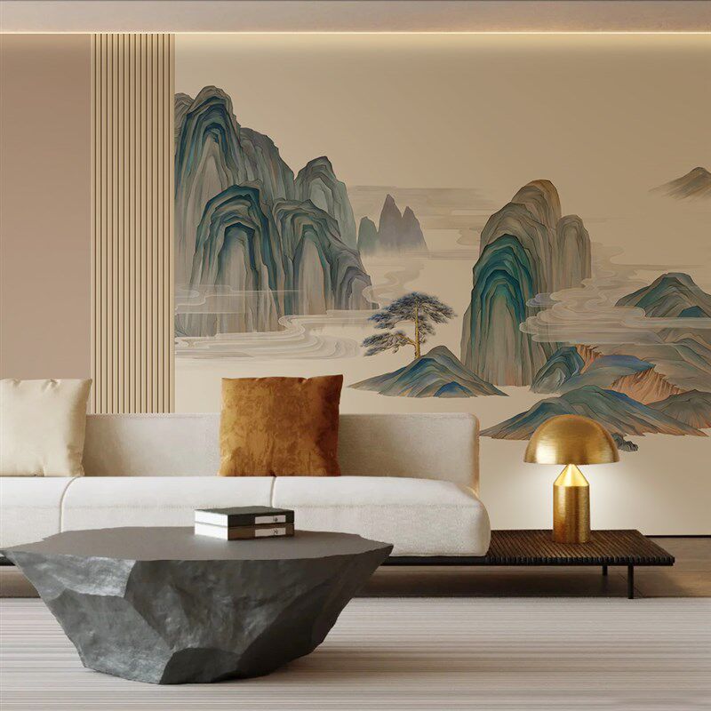 新中式迎客松树大气装修墙纸壁布卧室客J厅墙布电视沙发背景墙壁